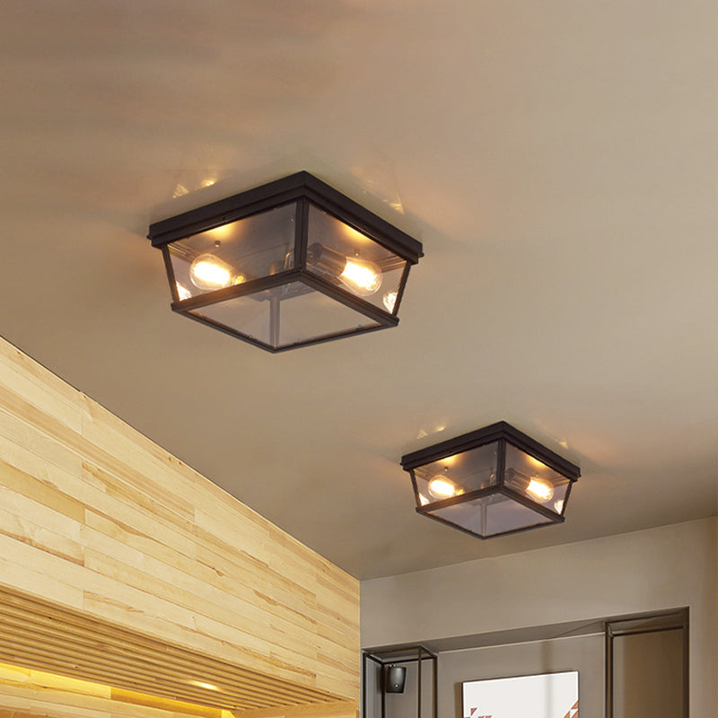 Black Cube Flush Mount Ceiling Light Farmhouse Clear Glass 2 Bulbs Kitchen Flushmount Lighting