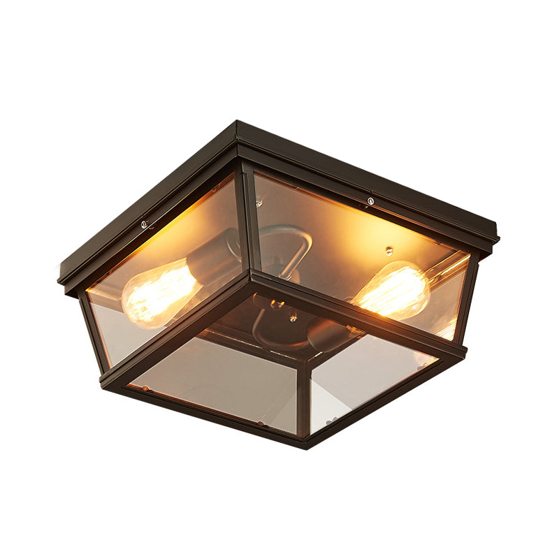 Black Cube Flush Mount Ceiling Light Farmhouse Clear Glass 2 Bulbs Kitchen Flushmount Lighting