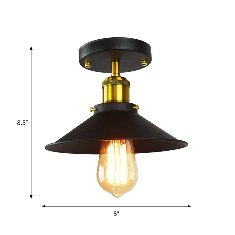 Flared Shade Foyer Semi Mount Lighting Industrial Iron 1-Light Black and Brass Close to Ceiling Lamp