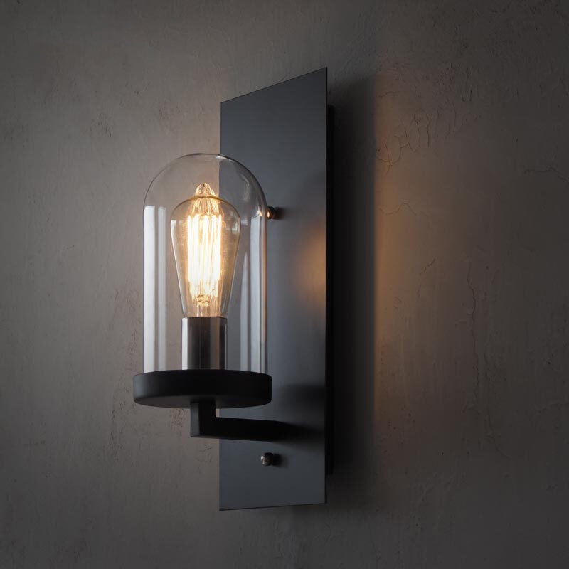 Black Rectangular Wall Light Sconce Retro Metal 1 Head Foyer Wall Lamp with Cloche Clear Glass Shade