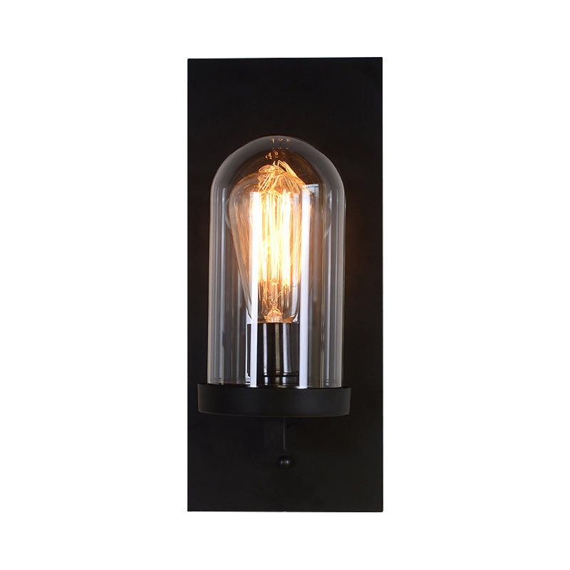 Black Rectangular Wall Light Sconce Retro Metal 1 Head Foyer Wall Lamp with Cloche Clear Glass Shade