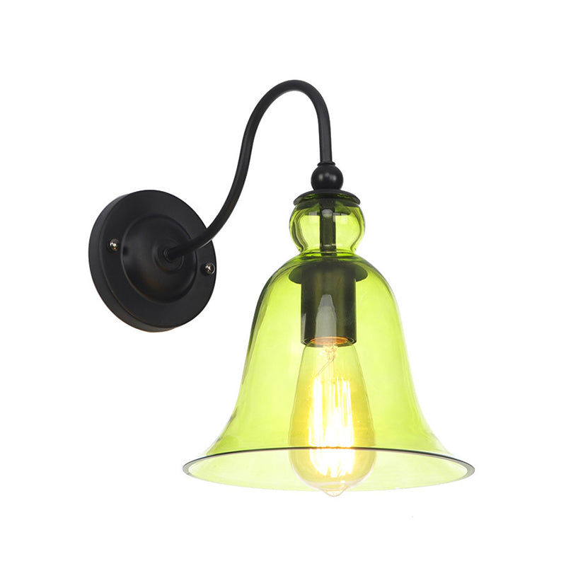 Green/Clear/Amber Glass Carillon Wall Light Loft 1 Bulb Living Room Gooseneck Wall Mounted Lamp in Black