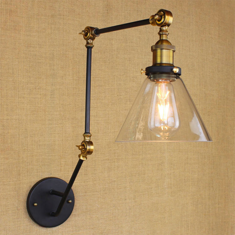Adjustable 3-Joint Arm Iron Wall Lamp Industrial 1 Head Bedroom Wall Reading Light with Globe/Saucer Clear Glass Shade