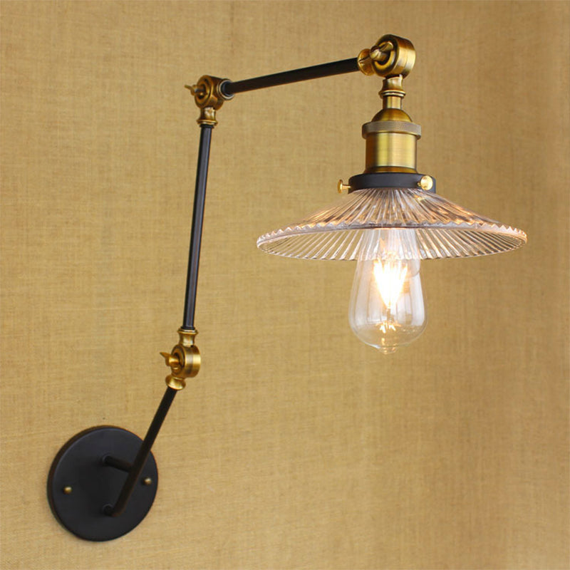 Adjustable 3-Joint Arm Iron Wall Lamp Industrial 1 Head Bedroom Wall Reading Light with Globe/Saucer Clear Glass Shade