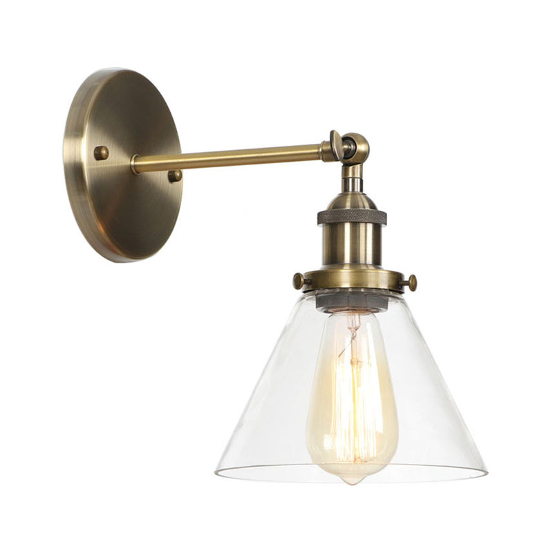 Brass Cone/Bell Swivel Shade Wall Light Industrial Clear Glass Single Dining Room Wall Mount Light Fixture