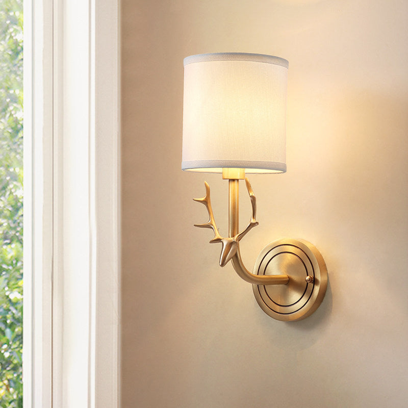 Brass 1-Light Wall Lamp Fixture Antique Frosted White Glass Tulip Shade/Cylinder Wall Mount Light with Arm