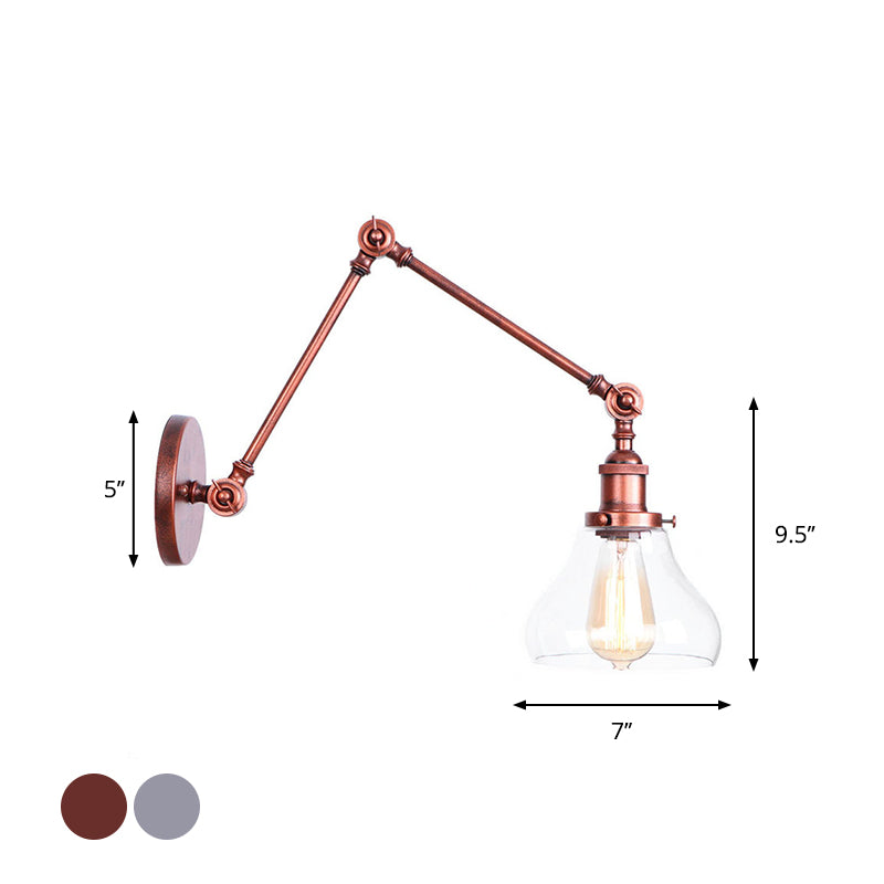 1 Head Swing Arm Wall Light Industrial Conical/Global/Bell Clear Glass Wall Mount Reading Lamp in Chrome/Rust