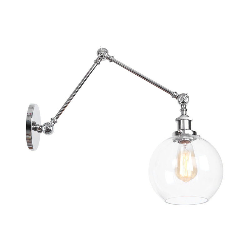 1 Head Swing Arm Wall Light Industrial Conical/Global/Bell Clear Glass Wall Mount Reading Lamp in Chrome/Rust