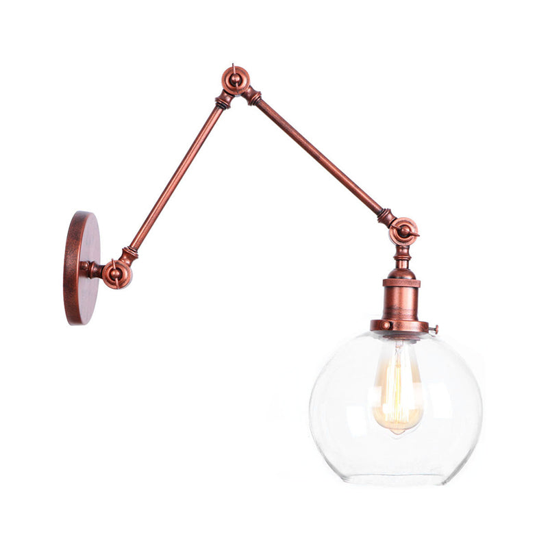 1 Head Swing Arm Wall Light Industrial Conical/Global/Bell Clear Glass Wall Mount Reading Lamp in Chrome/Rust