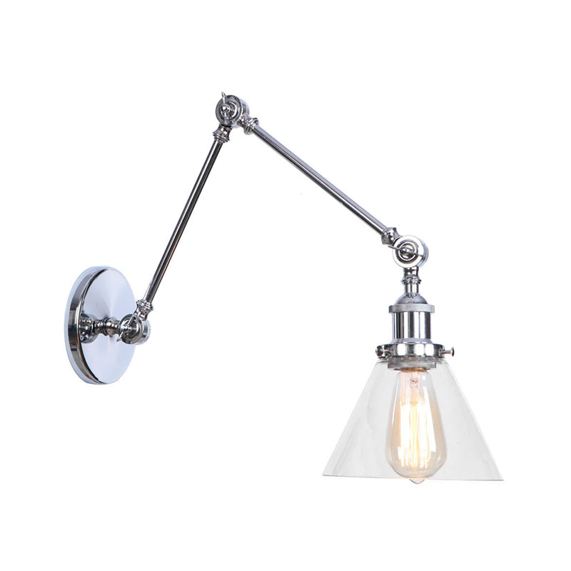 1 Head Swing Arm Wall Light Industrial Conical/Global/Bell Clear Glass Wall Mount Reading Lamp in Chrome/Rust