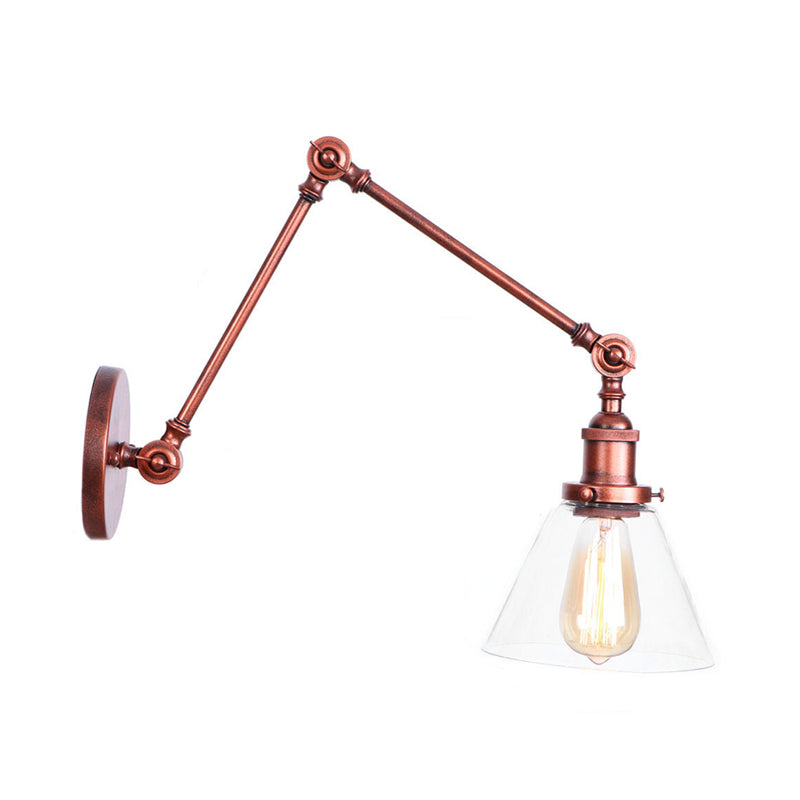 1 Head Swing Arm Wall Light Industrial Conical/Global/Bell Clear Glass Wall Mount Reading Lamp in Chrome/Rust