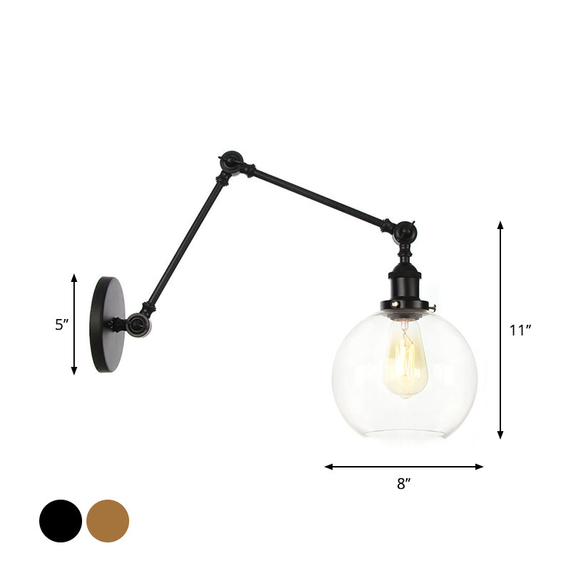 Swing Arm Dorm Room Task Wall Lamp Loft Iron Single Black/Black-Gold Wall Lighting with Ball/Bell Clear Glass Shade