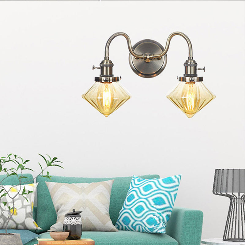 Amber/Clear Glass Diamond/Ball Wall Light Factory 2 Bulbs Living Room Wall Mounted Lighting with Undulated Arm in Bronze