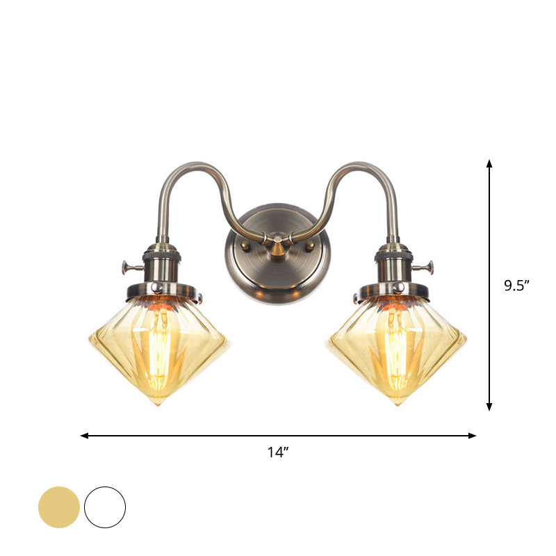 Amber/Clear Glass Diamond/Ball Wall Light Factory 2 Bulbs Living Room Wall Mounted Lighting with Undulated Arm in Bronze