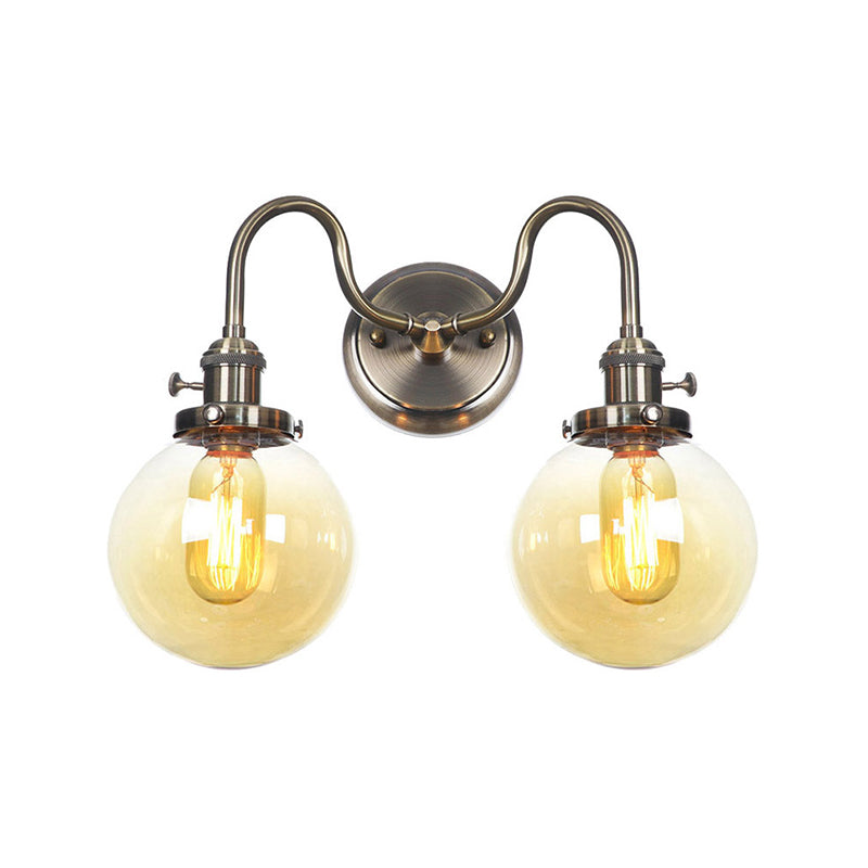 Amber/Clear Glass Diamond/Ball Wall Light Factory 2 Bulbs Living Room Wall Mounted Lighting with Undulated Arm in Bronze