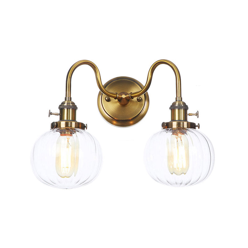 Metal Antiqued Brass Wall Lighting Conical/Spherical 2-Light Warehouse Wall Mounted Lamp with Straight/Curved Arm