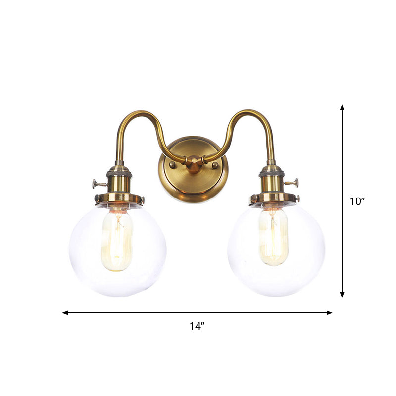 Metal Antiqued Brass Wall Lighting Conical/Spherical 2-Light Warehouse Wall Mounted Lamp with Straight/Curved Arm