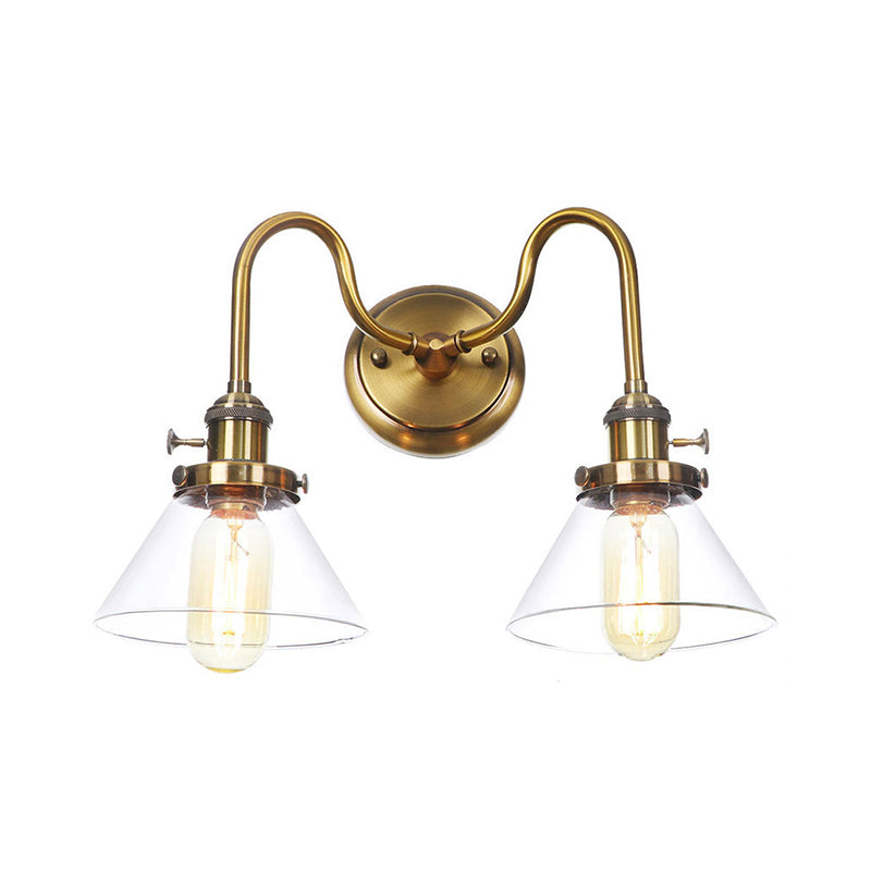 Metal Antiqued Brass Wall Lighting Conical/Spherical 2-Light Warehouse Wall Mounted Lamp with Straight/Curved Arm