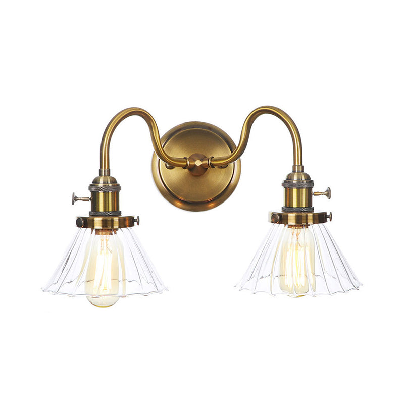 Metal Antiqued Brass Wall Lighting Conical/Spherical 2-Light Warehouse Wall Mounted Lamp with Straight/Curved Arm