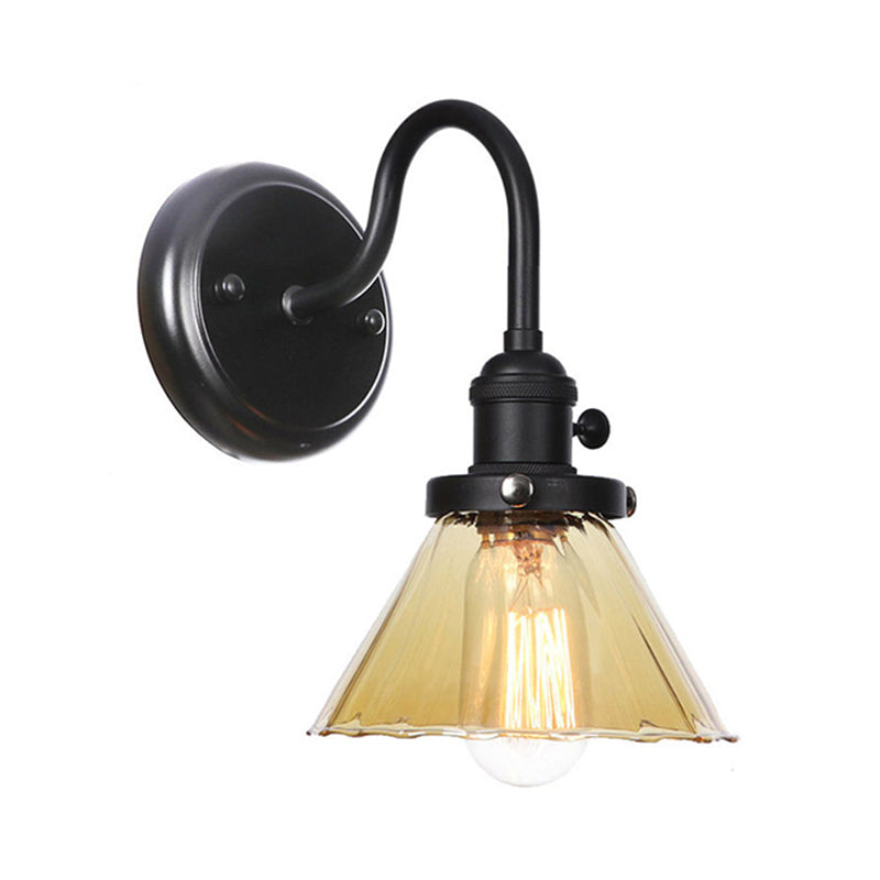 1-Licht-Schwanenhalswandlampe Vintage Küchenwandhalterung Licht mit Kugel/Diamant/Kegel klar/Bernsteinglas Schatten in Schwarz
