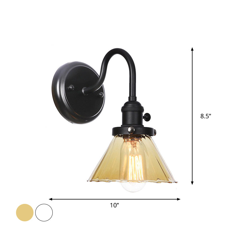 1-Licht-Schwanenhalswandlampe Vintage Küchenwandhalterung Licht mit Kugel/Diamant/Kegel klar/Bernsteinglas Schatten in Schwarz