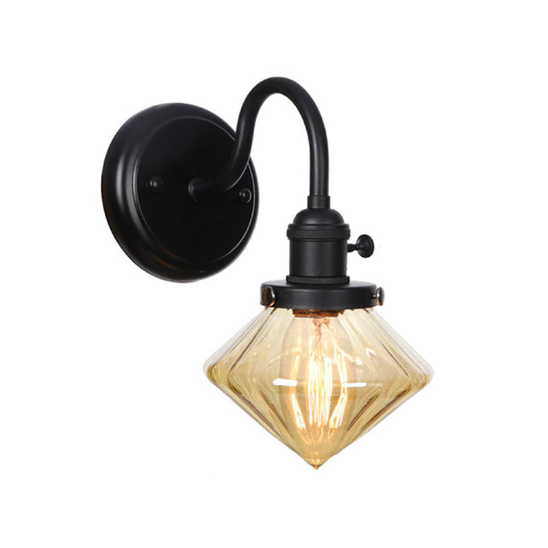 1-Licht-Schwanenhalswandlampe Vintage Küchenwandhalterung Licht mit Kugel/Diamant/Kegel klar/Bernsteinglas Schatten in Schwarz