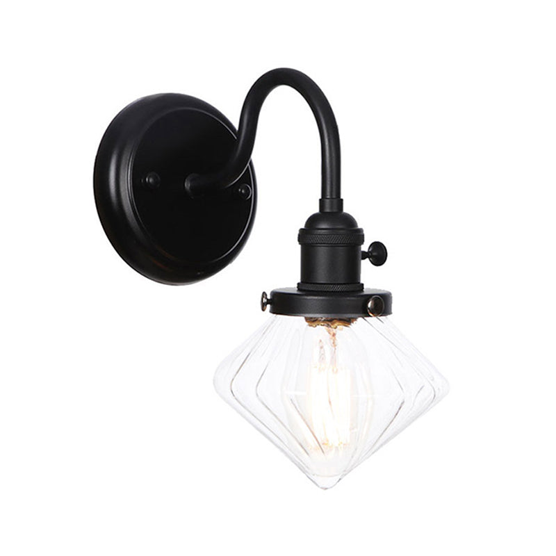 1-Licht-Schwanenhalswandlampe Vintage Küchenwandhalterung Licht mit Kugel/Diamant/Kegel klar/Bernsteinglas Schatten in Schwarz