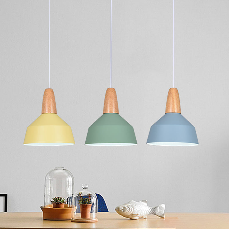 Barn Dining Room Pendant Lighting Aluminum 1 Bulb Macaron Ceiling Hang Lamp in Green/Grey/Pink with Wood Grip