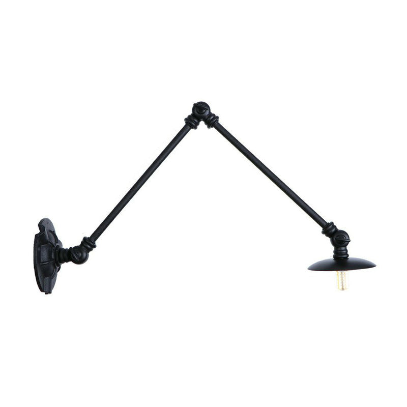 Extendable 2-Arm Iron Wall Light Warehouse 1-Light Studio Task Wall Lamp with Disc Shade in Black, 4"/12"/19.5" Long
