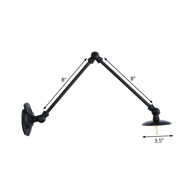 Extendable 2-Arm Iron Wall Light Warehouse 1-Light Studio Task Wall Lamp with Disc Shade in Black, 4"/12"/19.5" Long