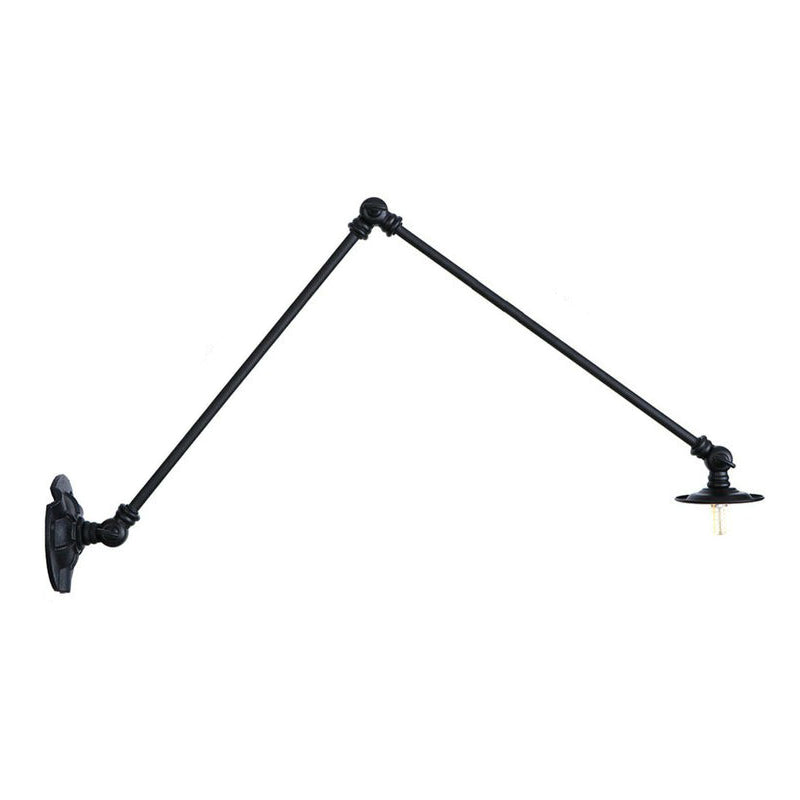 Extendable 2-Arm Iron Wall Light Warehouse 1-Light Studio Task Wall Lamp with Disc Shade in Black, 4"/12"/19.5" Long