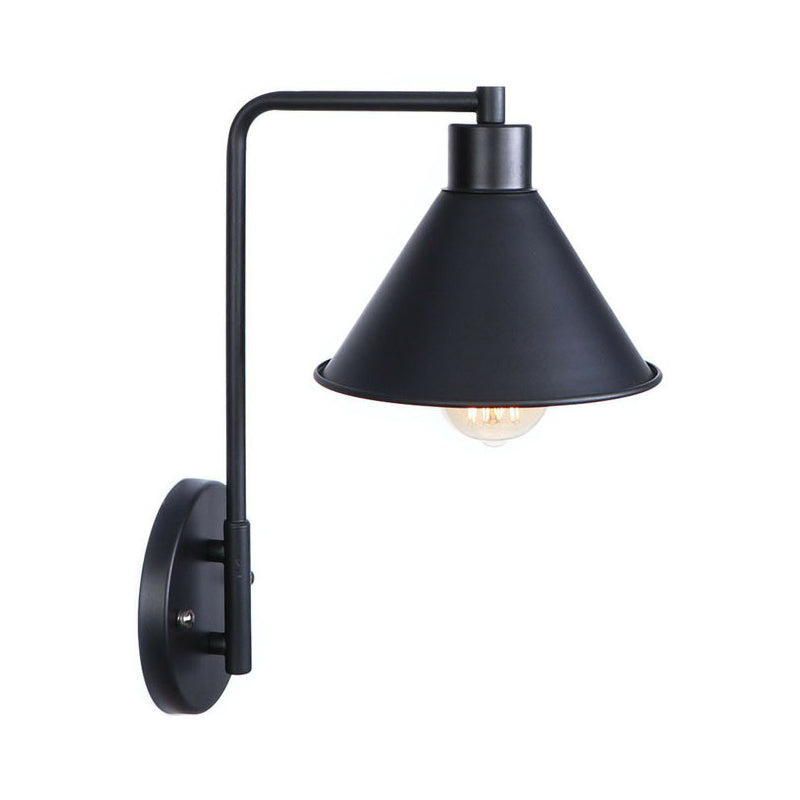 Black/White Square Arm Wall Light Fixture Loft Iron 1 Head Bedside Wall Mount Lamp with Cone/Flared/Scalloped Shade