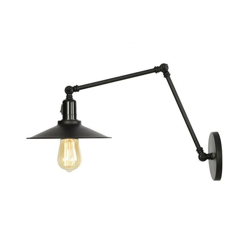 1-Light Iron Wall Light Industrial Black/White Cone/Saucer/Scalloped Bedroom Wall Mounted Lamp with Swing Arm