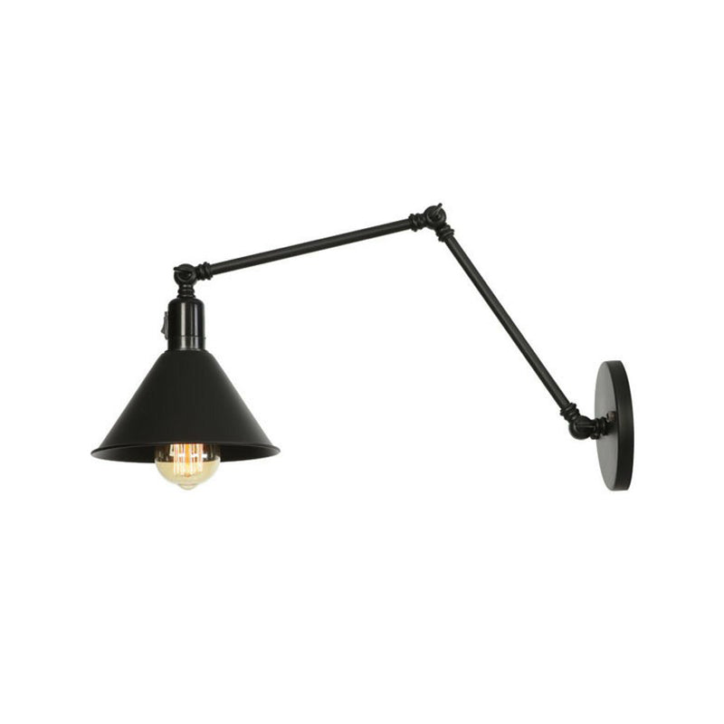 1-Light Iron Wall Light Industrial Black/White Cone/Saucer/Scalloped Bedroom Wall Mounted Lamp with Swing Arm