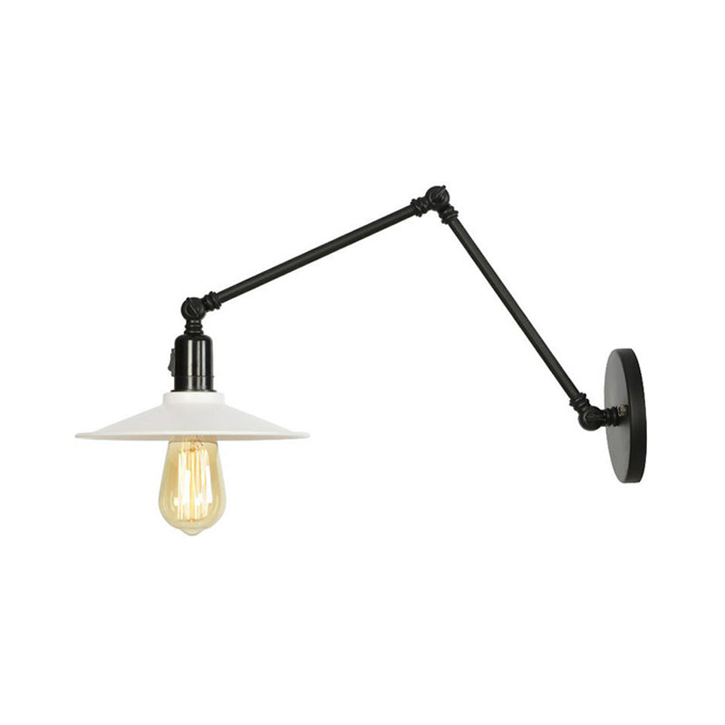 1-Light Iron Wall Light Industrial Black/White Cone/Saucer/Scalloped Bedroom Wall Mounted Lamp with Swing Arm