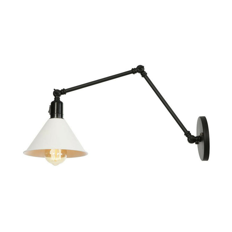 1-Light Iron Wall Light Industrial Black/White Cone/Saucer/Scalloped Bedroom Wall Mounted Lamp with Swing Arm