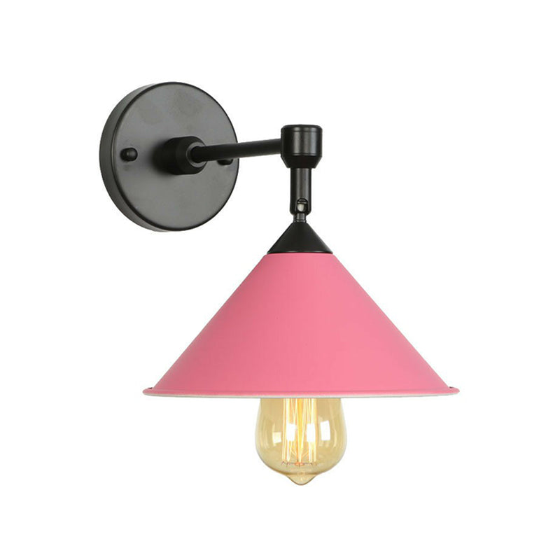 1-Light Wall Lamp Fixture Loft Roll-Trim Cone Iron Wall Mounted Light Fixture in Pink/Grey/Blue