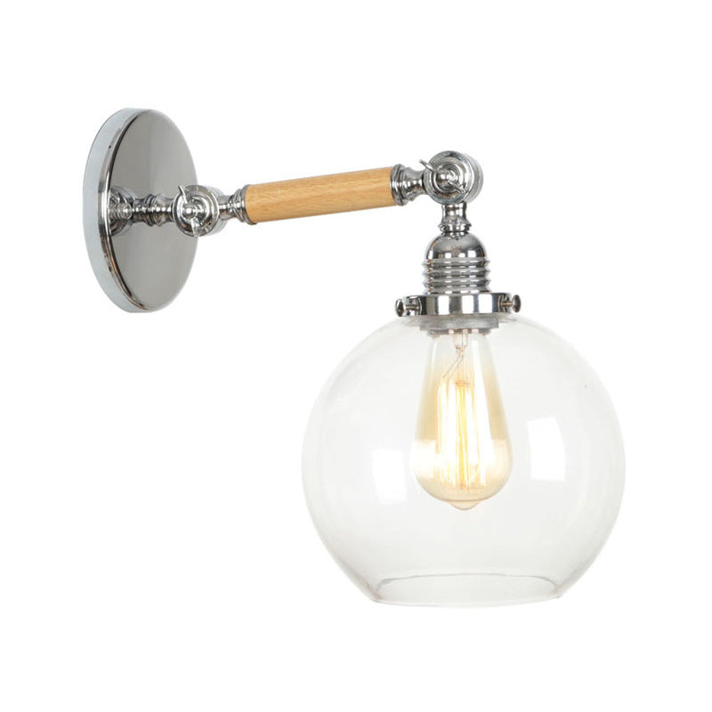 Rustic Bowl/Cone/Bell Wall Light Kit 1-Light Clear Glass Rotatable Wall Mounted Lamp in Chrome and Wood