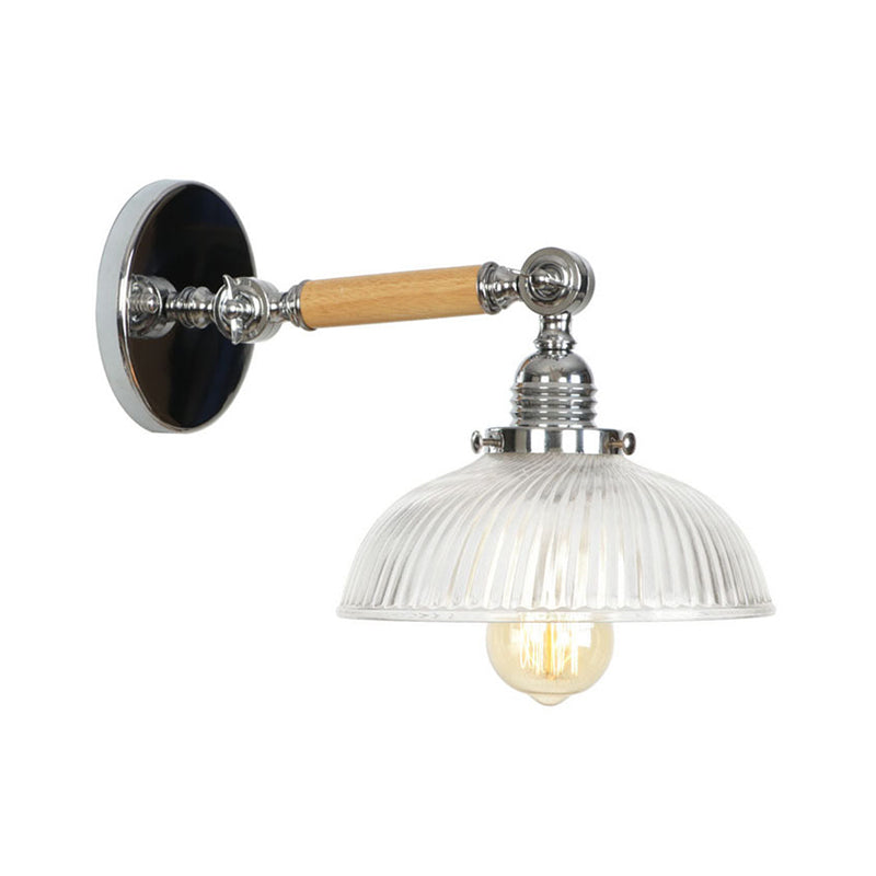 Rustic Bowl/Cone/Bell Wall Light Kit 1-Light Clear Glass Rotatable Wall Mounted Lamp in Chrome and Wood
