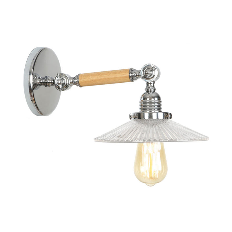 Rustic Bowl/Cone/Bell Wall Light Kit 1-Light Clear Glass Rotatable Wall Mounted Lamp in Chrome and Wood