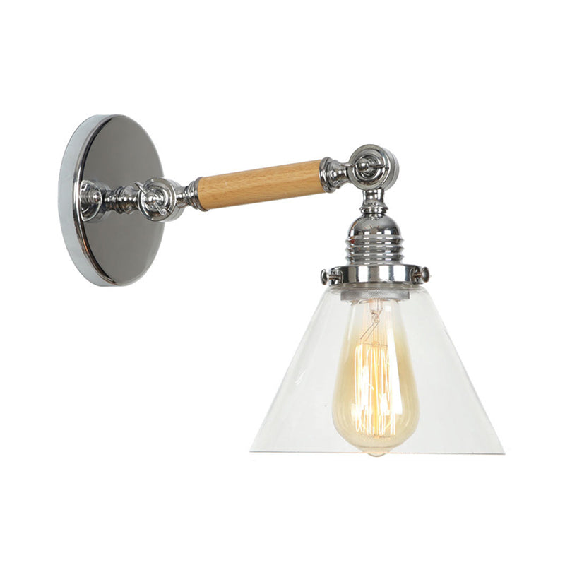 Rustic Bowl/Cone/Bell Wall Light Kit 1-Light Clear Glass Rotatable Wall Mounted Lamp in Chrome and Wood