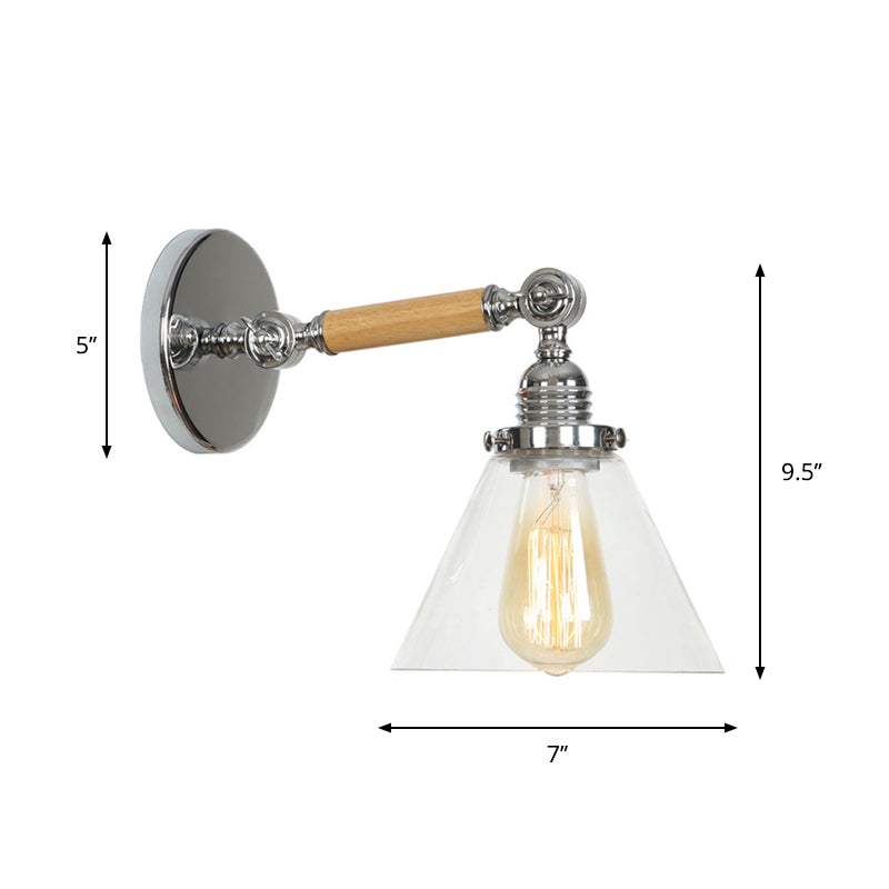 Rustic Bowl/Cone/Bell Wall Light Kit 1-Light Clear Glass Rotatable Wall Mounted Lamp in Chrome and Wood