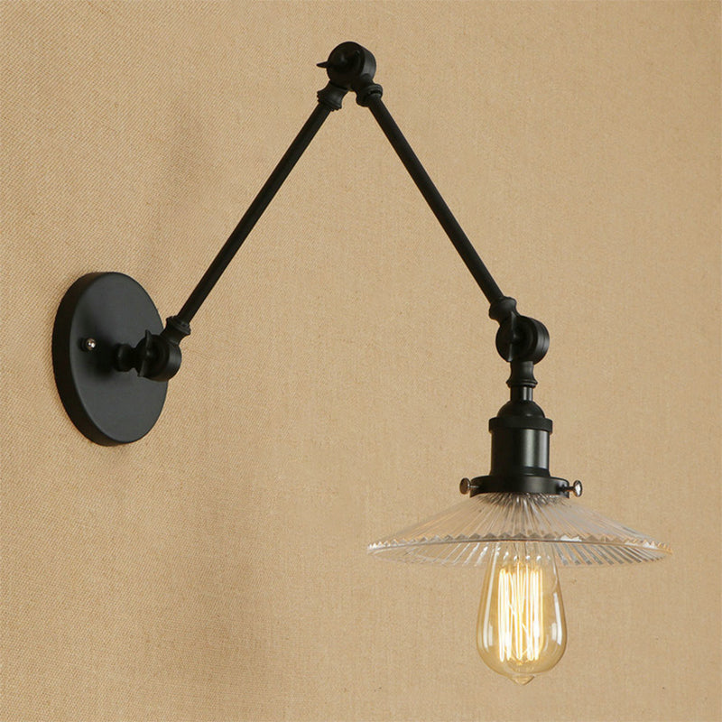 Saucer Shade Studio Task Wall Lamp Loft Style Ribbed Glass 1 Head Black-Brass/Black Swing Arm Wall Mount Light Fixture