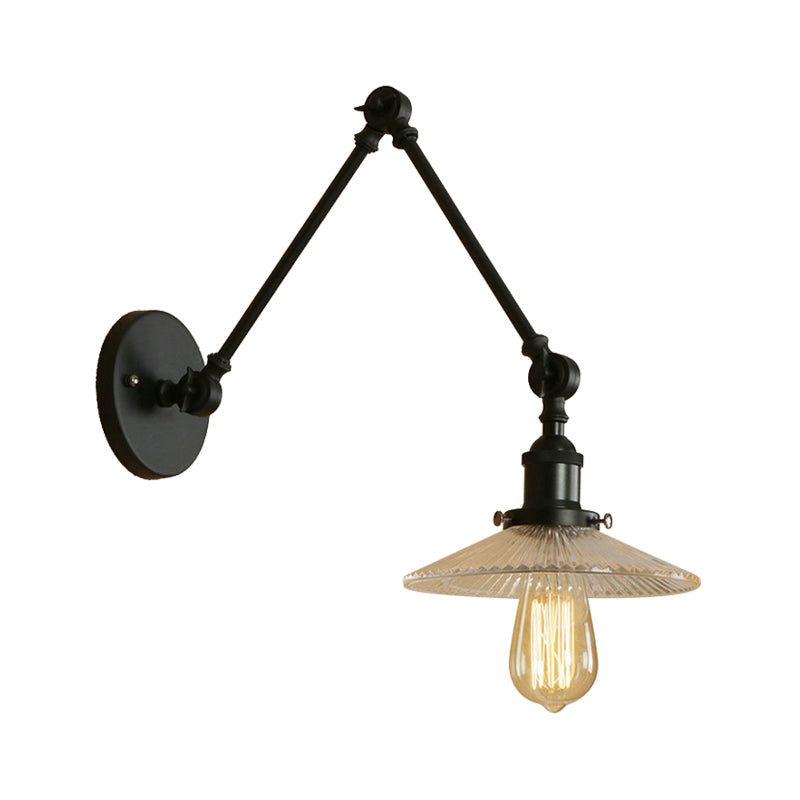 Saucer Shade Studio Task Wall Lamp Loft Style Ribbed Glass 1 Head Black-Brass/Black Swing Arm Wall Mount Light Fixture