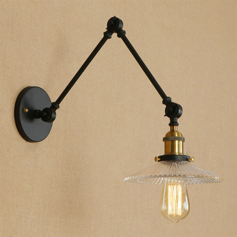 Saucer Shade Studio Task Wall Lamp Loft Style Ribbed Glass 1 Head Black-Brass/Black Swing Arm Wall Mount Light Fixture