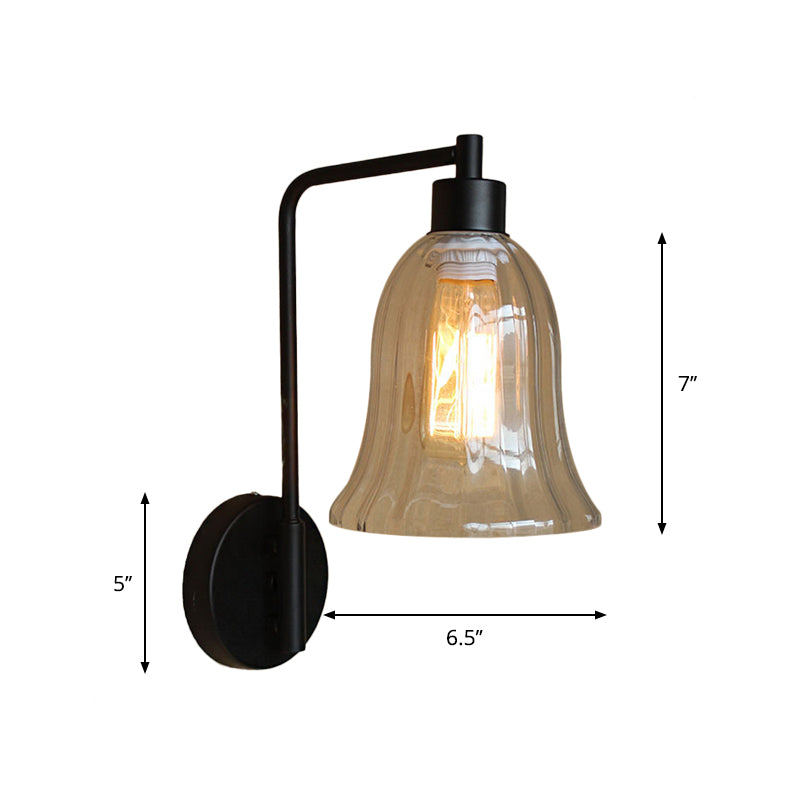 Clear Ribbed Glass Bowl/Bell Sconce Light Vintage 1-Light Bedroom Wall Mounted Lamp with Right Angel Arm in Black