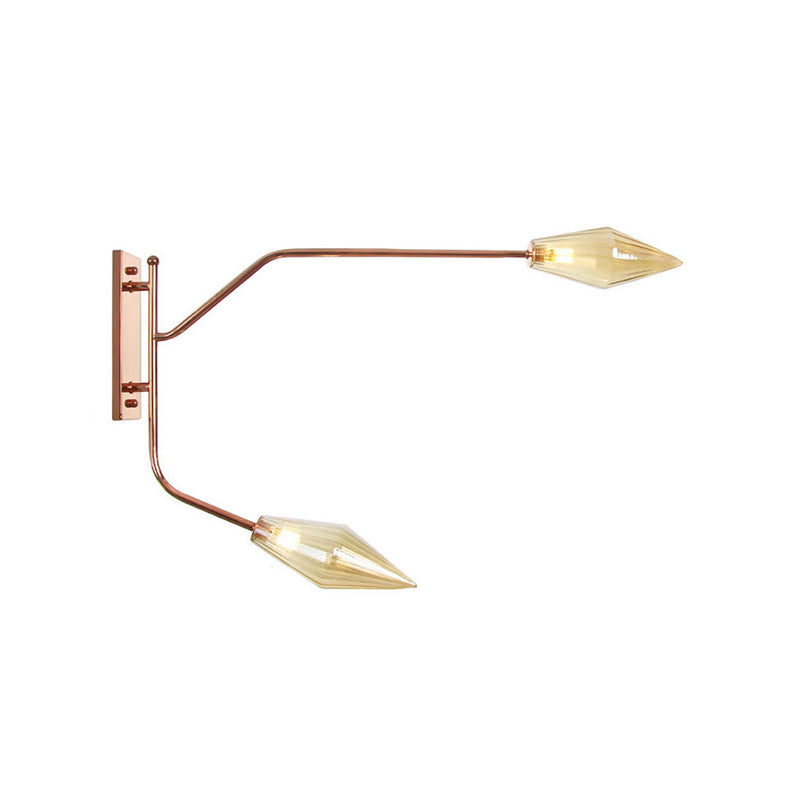 Iron Rose Gold Wall Reading Light Branching 2 Bulbs Industrial Wall Lamp Fixture with Gem/Ball Clear/Smoke Glass Shade