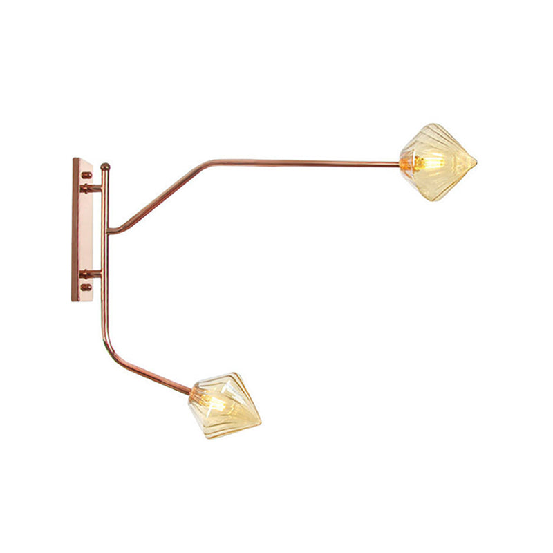 Iron Rose Gold Wall Reading Light Branching 2 Bulbs Industrial Wall Lamp Fixture with Gem/Ball Clear/Smoke Glass Shade