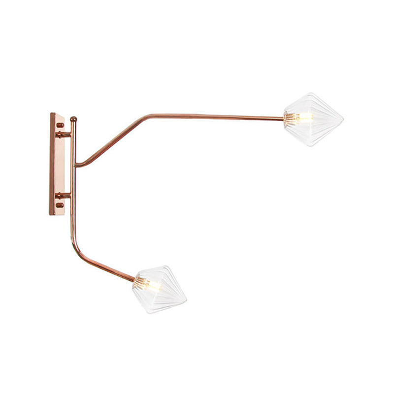 Iron Rose Gold Wall Reading Light Branching 2 Bulbs Industrial Wall Lamp Fixture with Gem/Ball Clear/Smoke Glass Shade