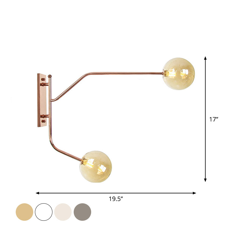 Iron Rose Gold Wall Reading Light Branching 2 Bulbs Industrial Wall Lamp Fixture with Gem/Ball Clear/Smoke Glass Shade